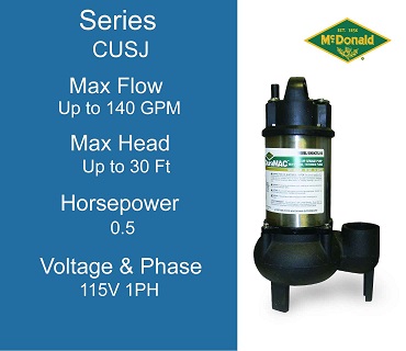  AY McDonald Sewage Pumps, CUSJ Series, 0.5 Horsepower, 115 Volts 1 Phase